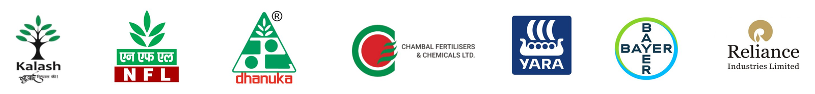 Client logos including Kalash, NFL, Dhanuka, Chambal Fertilisers, Yara, Bayer and Reliance Industries