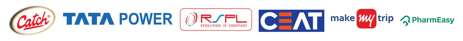 Client logos including Catch, Tata Power, RFPL, CEAT, MakeMyTrip and PharmEasy